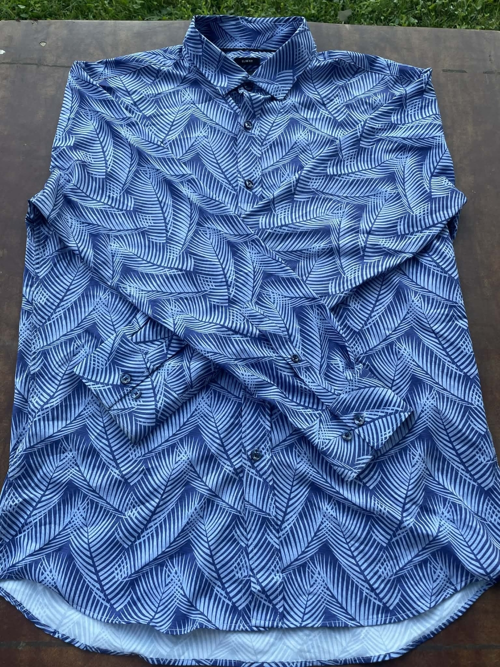Kenneth Cole Blue and Light Blue Palm-Print Slim Fit Shirt